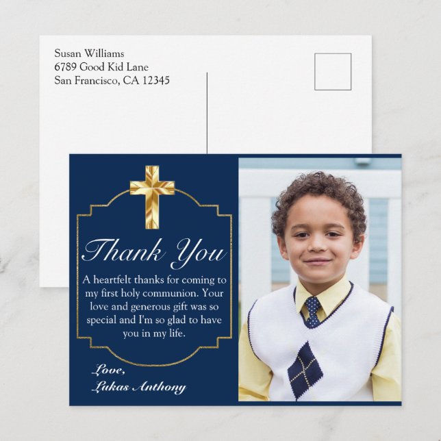 Elegant Navy Blue Gold Cross 1st Communion Thank Y Postcard (Front/Back)