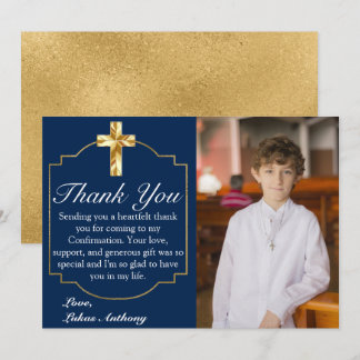 Elegant Navy Blue Gold Cross Confirmation Thank You Card