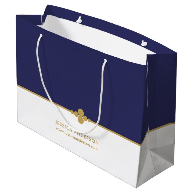Elegant Navy Blue Gold Custom  Large Gift Bag (Back Angled)