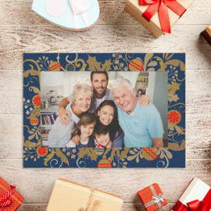    Elegant Navy Blue & Gold Custom Photo Christmas