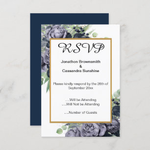 ELEGANT NAVY BLUE GOLD EUCALYPTUS ROSE RSVP INVITATION