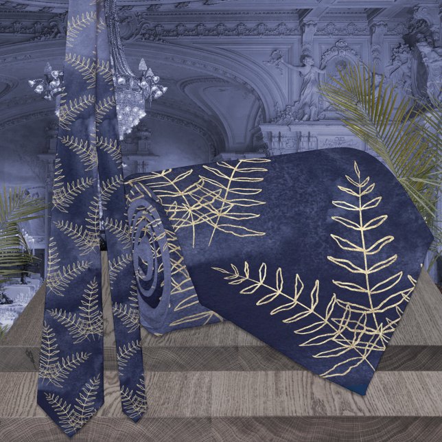 Elegant Navy Blue & Gold Fern Leaf Wedding Tie (Creator Uploaded)