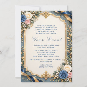 Elegant Navy Blue Gold Floral Birthday Party Invitation