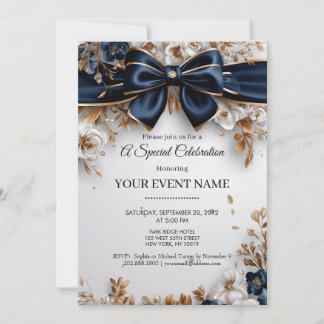 Elegant Navy Blue Gold Floral Bow Party Invitation