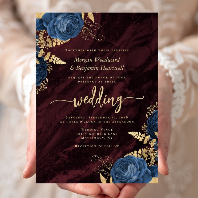 Elegant Navy Blue Gold Floral Burgundy Wedding Invitation (Creator Uploaded)