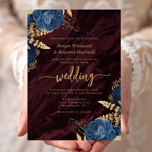 Elegant Navy Blue Gold Floral Burgundy Wedding Invitation (Creator Uploaded)
