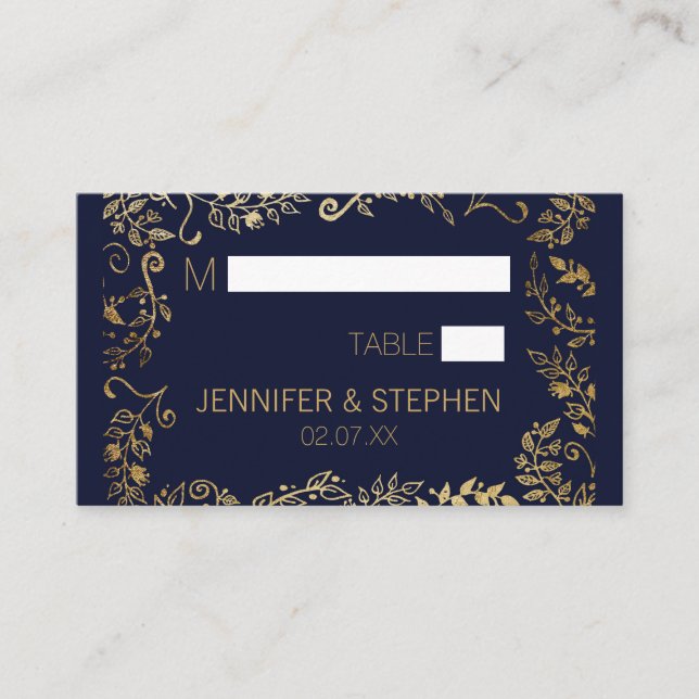 Elegant Navy Blue Gold Floral Place Card (Front)
