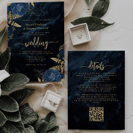 Elegant Navy Blue Gold Floral QR Code Wedding Invitation