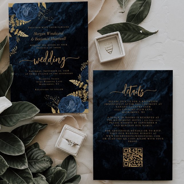 Elegant Navy Blue Gold Floral QR Code Wedding Invitation (Creator Uploaded)