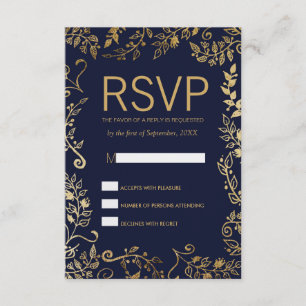 Elegant Navy Blue Gold Floral RSVP Cards