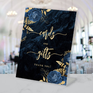 Elegant Navy Blue Gold Floral Wedding Cards Gifts Pedestal Sign
