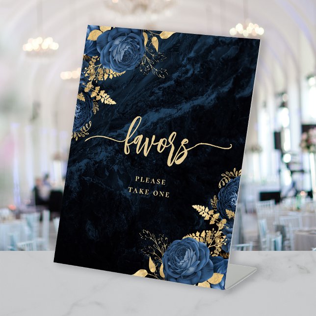 Elegant Navy Blue Gold Floral Wedding Favours Pedestal Sign (Creator Uploaded)