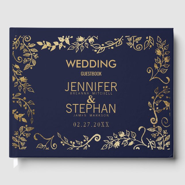 Elegant Navy Blue Gold Floral Wedding Guest Book (Front)