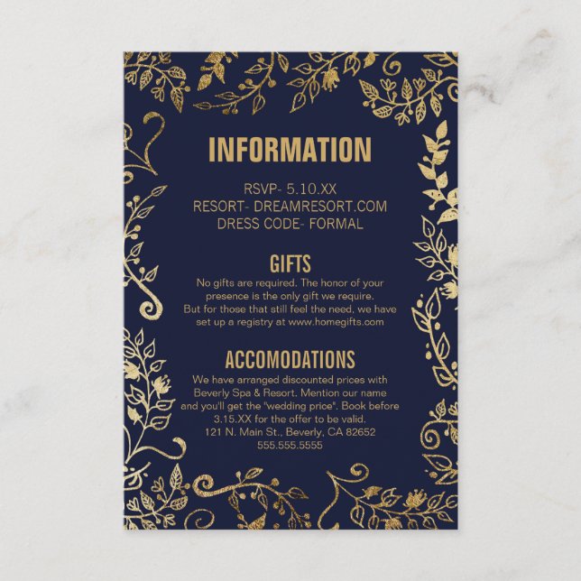 Elegant Navy Blue Gold Floral Wedding Info Enclosure Card (Front)