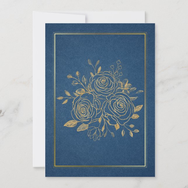Elegant Navy Blue & Gold Floral Wedding Invitation (Back)