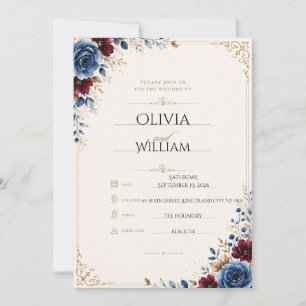 Elegant Navy Blue & Gold Floral Wedding Invitation
