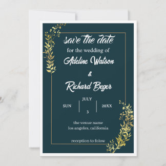 Elegant Navy Blue & Gold Floral Wedding Invitation