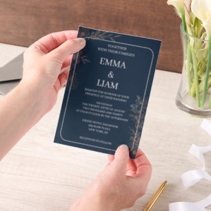 Elegant Navy Blue Gold Floral Wedding Invitation