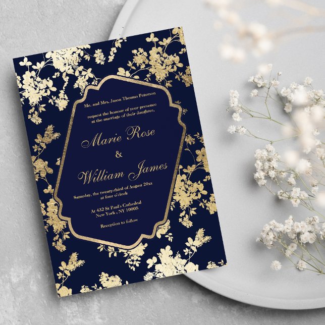 Elegant navy blue gold floral Wedding Invitation (Elegant navy blue gold floral Wedding)