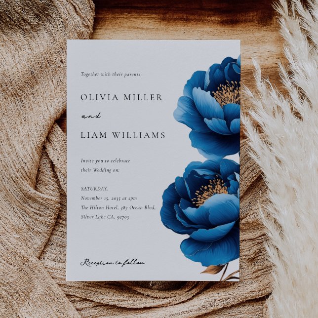Elegant Navy Blue Gold Floral Wedding Invitation (Creator Uploaded)