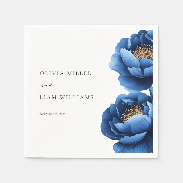 Elegant Navy Blue Gold Floral Wedding Napkin (Front)