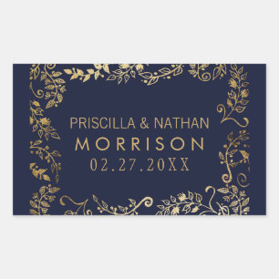 Elegant Navy Blue Gold Floral Wedding Rectangular Sticker