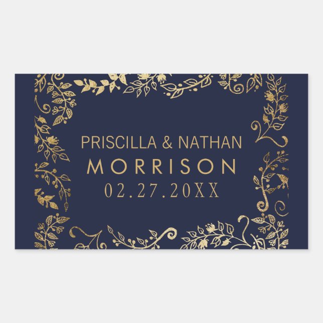 Elegant Navy Blue Gold Floral Wedding Rectangular Sticker (Front)