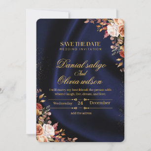 Elegant Navy Blue Gold Floral Wedding Save the Dat Invitation