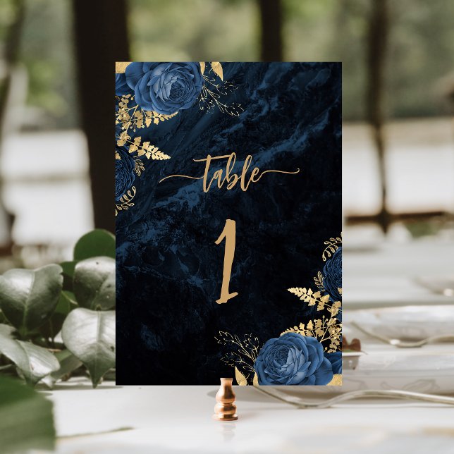 Elegant Navy Blue Gold Floral Wedding Table Number (Creator Uploaded)