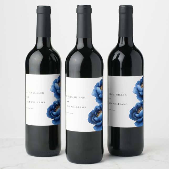 Elegant Navy Blue Gold Floral Wedding Wine Label (Bottles)