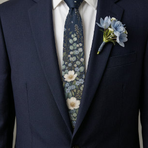 Elegant Navy Blue & Gold Floral Wildflower Men's Tie