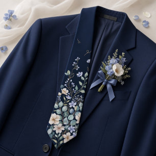 Elegant Navy Blue & Gold Floral Wildflower Men's Tie