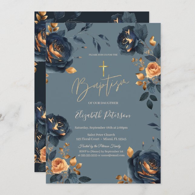 Elegant Navy Blue Gold Flowers Baptism  Invitation (Front/Back)