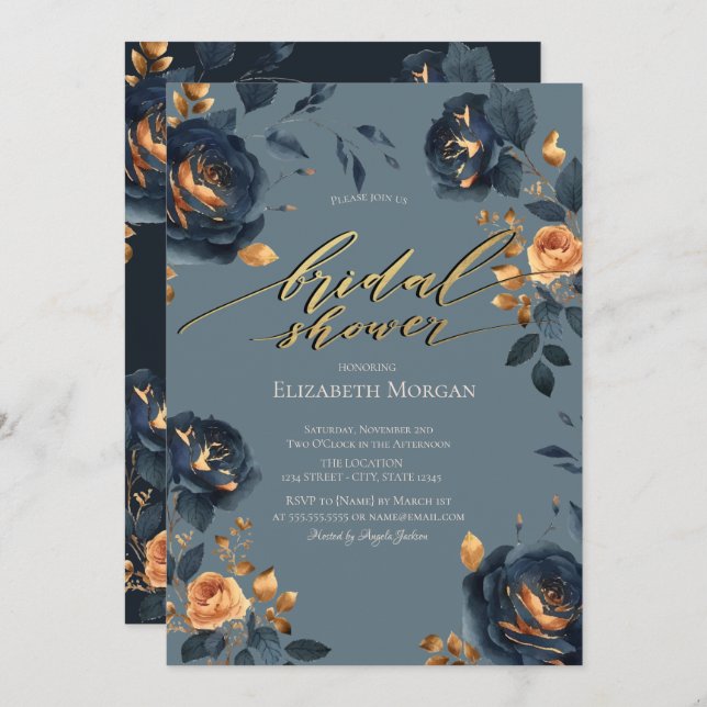 Elegant Navy Blue Gold Flowers Bridal Shower  Invitation (Front/Back)