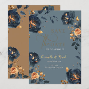 Elegant Navy Blue Gold Flowers Save The Date 