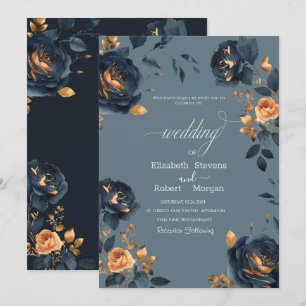 Elegant Navy Blue Gold Flowers Wedding Invitation