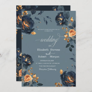 Elegant Navy Blue Gold Flowers Wedding Invitation