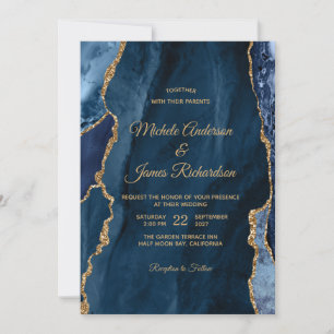 Elegant Navy Blue Gold Foil Agate Wedding Invitation