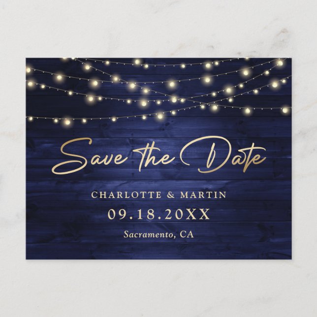 Elegant Navy Blue Gold Foil Wood Save The Date Announcement Postcard (Front)