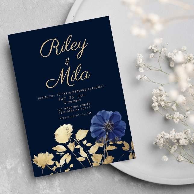 Elegant navy blue gold foliage flower Wedding Invitation (Elegant navy blue gold foliage flower Wedding)