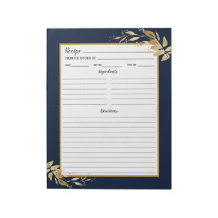 Elegant Navy Blue Gold Foliage Recipe Notepad
