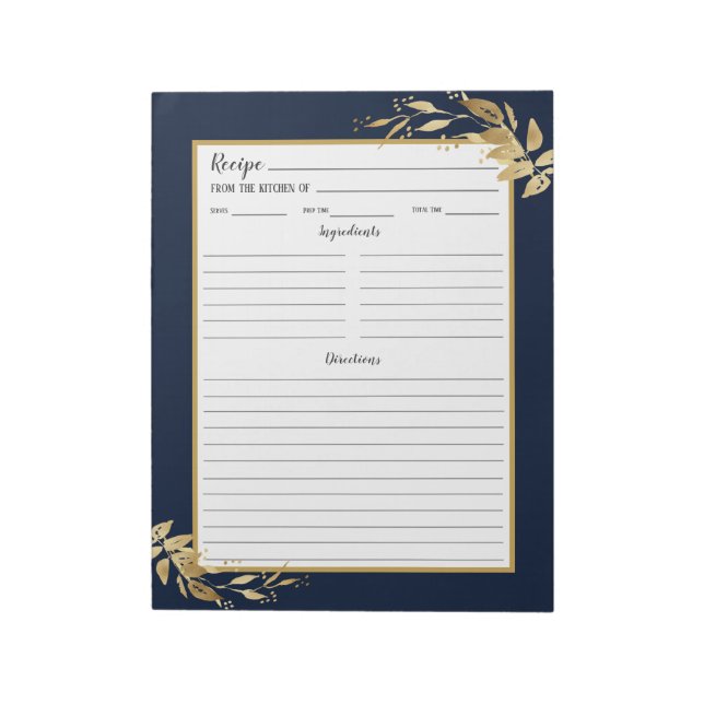 Elegant Navy Blue Gold Foliage Recipe Notepad (Rotated)