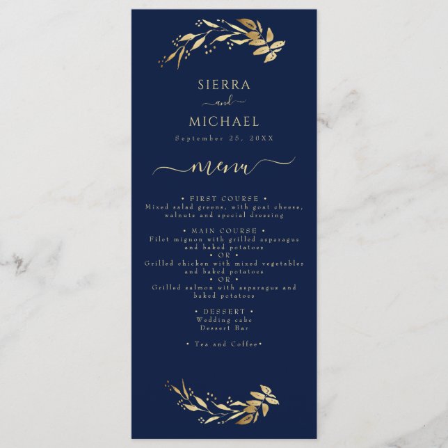 Elegant Navy Blue Gold Foliage Wedding Reception Menu (Front)