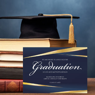 Elegant Navy Blue Gold Formal Graduation Announcement
