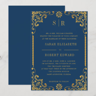 Elegant Navy Blue Gold Frame Rehearsal Dinner Invitation