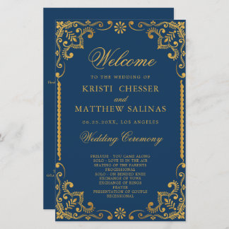 Elegant Navy Blue Gold Frame Wedding Program Card