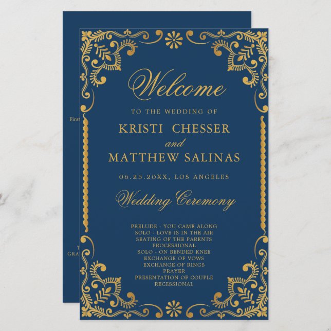 Elegant Navy Blue Gold Frame Wedding Program Card (Front/Back)