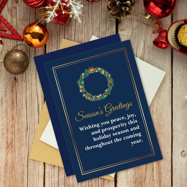 Elegant Navy Blue Gold Frame Wreath Professional  Holiday Card (Creator Uploaded)