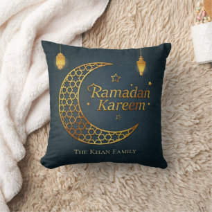 Elegant Navy Blue Gold Geometric Crescent Ramadan Cushion