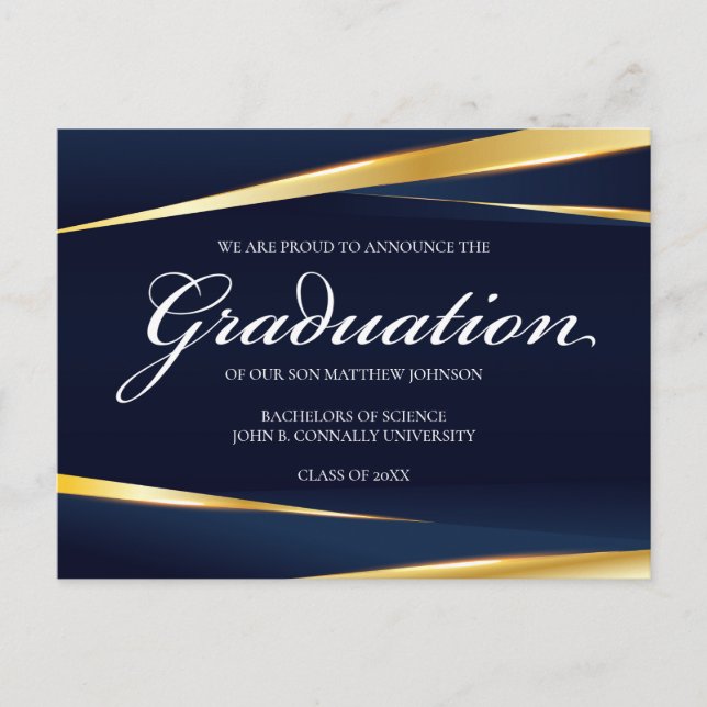 Elegant Navy Blue Gold Geometric Formal Graduation Postcard (Front)